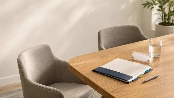 Besprechungstisch mit reserviertem Stuhl, Bewerbungsunterlagen, farbigen Registern, Namensschild, Wasserglas und Stift als Symbol für SBV-Rechte bei Personalplanung, Einstellung und Sitzungen.