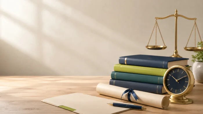 Besprechungstisch mit reserviertem Stuhl, Bewerbungsunterlagen, Registermappen und Wasserglas als Symbol für Zeit, Unterstützung und Durchsetzung im Amt der Schwerbehindertenvertretung.