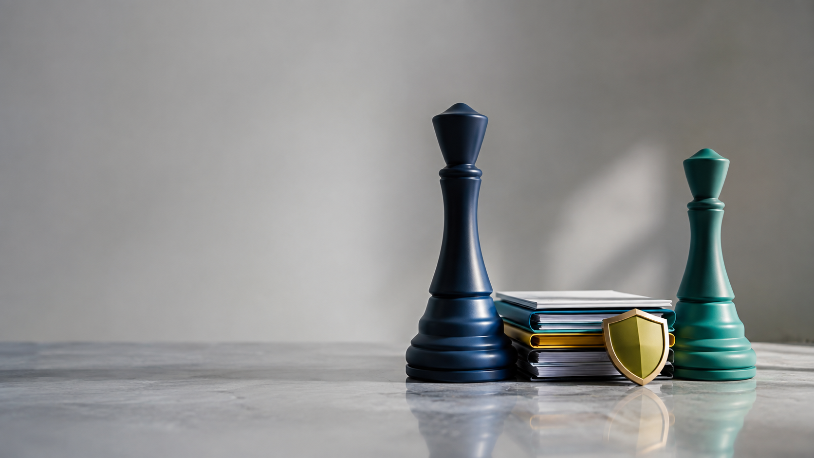 Zwei unterschiedlich hohe Schachfiguren stehen sich über einem Dokumentenstapel mit Schutzschild gegenüber, als Symbol für sichere und professionelle Gespräche mit dem Arbeitgeber.
